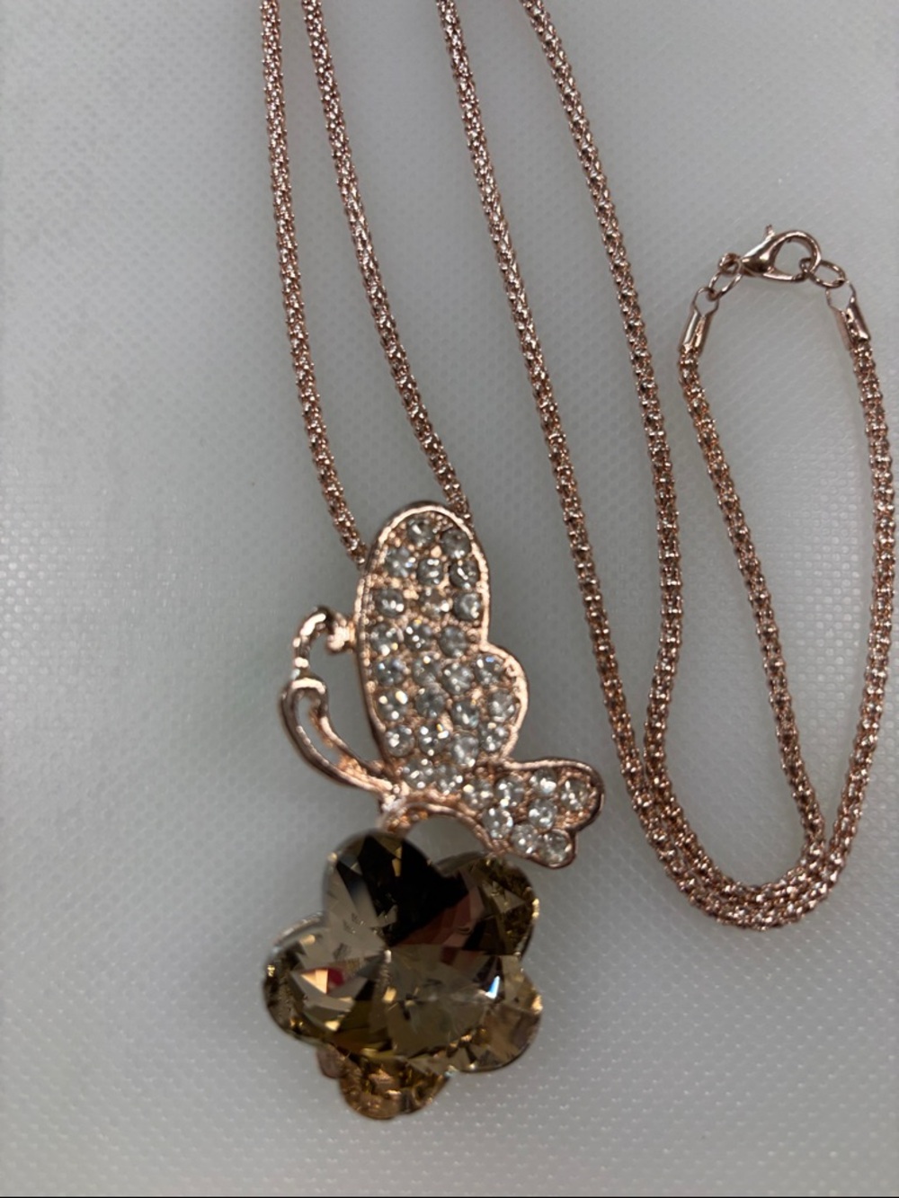 Rose Gold Butterfly Pendant Necklace with Smoky Crystal Clover - Women Jewelry